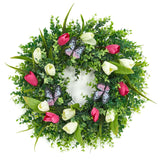 Garvee 18" Spring Tulip Wreath with Butterflies for Front Door, Artificial Pink & White Tulip Floral Wreath with Eucalyptus for Farmhouse Porch Summer Easter Indoor Outdoor Home Decoration