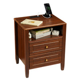 Garvee Modern Nightstand with Charging Station, 2 Drawers & Open Shelf, Black Wood Grain, Gold Knobs & Tapered Legs, Sturdy Engineered Wood, Bedroom & Living Room - Brown
