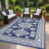 Garvee Waterproof Outdoor Rug 8x10 Reversible Plastic Straw Patio Rug Stain-Resistant Vintage Medallion Carpet Foldable Indoor Outdoor Rugs for Picnic, Backyard, Rv, Beach, Deck, Camper, Balcony, Navy - Navy Blue