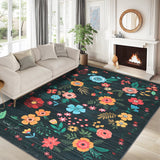 Garvee 9' x 12' Modern Colorful Floral Area Rug, Machine Washable Non-Slip Low-Pile Soft Rug for Living Room, Bedroom & Dining Room, Black - Black