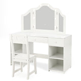 Garvee 2-in-1 Kids Vanity Table and Chair Set with Touch Light Tri-Folding Mirror – Wooden Princess Makeup Desk, Open Storage Shelves, Bookshelf & Drawer – Playset for Girls – White
