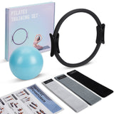 Garvee 5-in-1 Pilates Ring Set – 15-Inch Fiberglass Magic Circle with Mini Exercise Ball, 3 Fabric Resistance Bands and Workout Guide for Core Strength, Flexibility and Toning (Blue & Black)