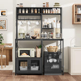 Garvee Industrial Kitchen Bakers Rack with Refrigerator Storage – Microwave Stand with Power Outlet, Utility Shelf with Hooks – Large Capacity, Freestanding, Coffee Bar – Black Wood Grain - Black