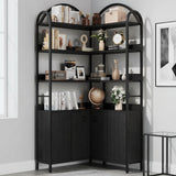 Garvee 74.5" Corner Bookshelf with Storage Cabinet, 6 Tier Arched L Shaped Bookcase with Metal Frame, Large Industrial Corner Shelf for Living Room, Bedroom - Black
