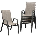 Garvee Space-Saving Stackable Patio Dining Chairs Set – High Back, All-Weather Textilene, Armrests, Lightweight Durable Frame – Outdoor Backyard, Poolside, Garden Seating – Black-Gray Spray Plastic & Brown 2x1 Textilene, 6 Pieces - Brown
