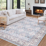 Garvee 5' × 7' Vintage Persian Floral Area Rug, Machine Washable Non-Slip Low-Pile Stain-Resistant Soft Rug for Living Room & Bedroom, Blue - Blue