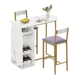 Garvee Modern 3-Piece Bar Table and Chairs Set for 2 – Dining Table with Double-Tier Semi-Circular Wine Rack, Glass Holder, Velvet Upholstered Seats – Marble White – Ideal for Kitchen, Dining Room, Small Spaces, Home Office, Marble White