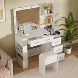 Garvee 41" Large Vanity Desk with 10-Bulb Mirror and Built-in Outlets - Makeup Vanity Desk with 3 Color Lighting Modes and 5 Drawers - Dressing Table with Soft Cushioned Stool for Bedroom - White