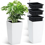 Garvee Self-Watering Tall Planters, Set of 4, 16 in White Plastic Flower Pots with Water Level Gauge, Inner Bucket & Drainage for Indoor Outdoor Patio, Porch and Balcony