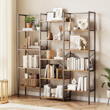 Garvee Industrial-Style Large Triple-Column 5-Tier Bookshelf with 13 Display Shelves, Tall Bookshelf with Metal Frame, Rustic Bookshelf with Frame for the Living Room, Home, and Office, Brown - Brown