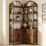 Garvee Corner Bookshelf with Storage, 74.5" Corner Bookcase with Cabinet, Large l Shaped Bookshelf Arched 6 Tier Corner Bookcase with Metal Frame for Living Room Bedroom - Retro