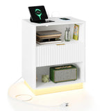 Garvee Modern Fluted bedside table with Charging Station & LED Light - White Wooden Bedside Table with Drawer - Mid Century Curved Design - Spacious Storage - White - US Standard - White