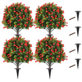 Garvee 4 Pack Artificial Boxwood Rose Head Topiary Balls with Ground Spikes, 24 Inch UV Resistant Fake Shrubs Bushes for Outdoor Indoor Garden Porch Decor, Green & Red