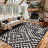 Garvee 8' x 10' Geometric Indoor Outdoor Rug, Washable Easy Jute-Style Linen-Look Reversible Non-Slip Rug for Patio & Living Room, Black - Black