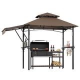 Garvee 8x5 ft Grill Gazebo Outdoor BBQ Canopy with Adjustable Dual Side Awnings, Double-Tier Fire-Resistant Canopy, Heavy-Duty Steel Frame, Side Shelves & Hooks, Patio Backyard - Brown