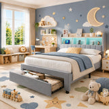 Garvee Twin Size Upholstered Bed Frame Grey with 2 Drawers and LED Light Storage Durable Wood Modern Design Bedroom - Light Gray