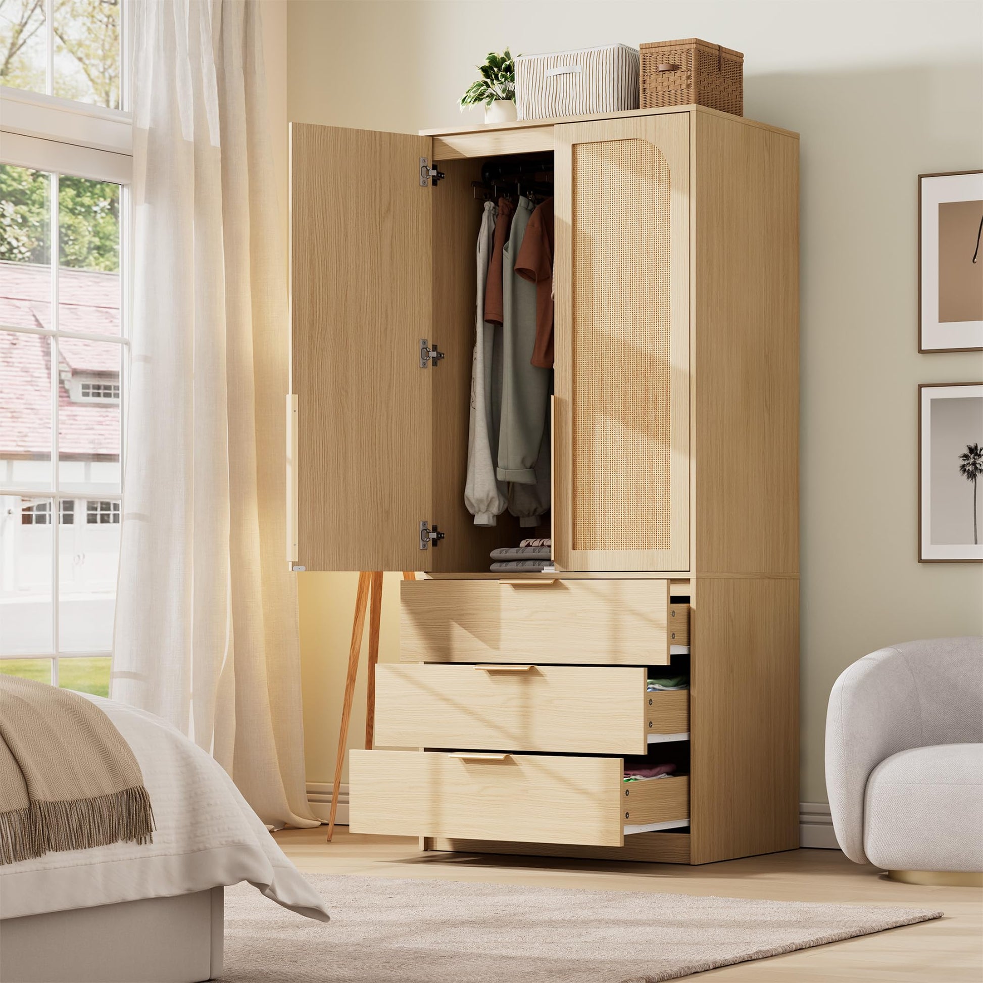 modern wardrobe dresser Garvee Armoire Wardrobe Closet with 3 Drawers and 2 Doors, Modern Wooden Wardrobe Cabinets for Hanging Clothes, Large Capacity Tall Standing Bedroom