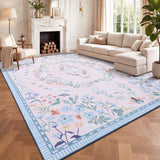 Garvee 8' × 10' Corner Floral Area Rug, Soft Washable Low-Pile Polyester Carpet for Living Room, Bedroom and Dining Room, Pink - Pink