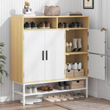 Garvee Farmhouse 4-Door Shoe Storage Cabinet - Adjustable Shelves, Holds Up to 30 Pairs, 43.31 in Tall Shoe Organizer for Entryway, Living Room or Closet - Color: White + Natural Wood Two-Tone