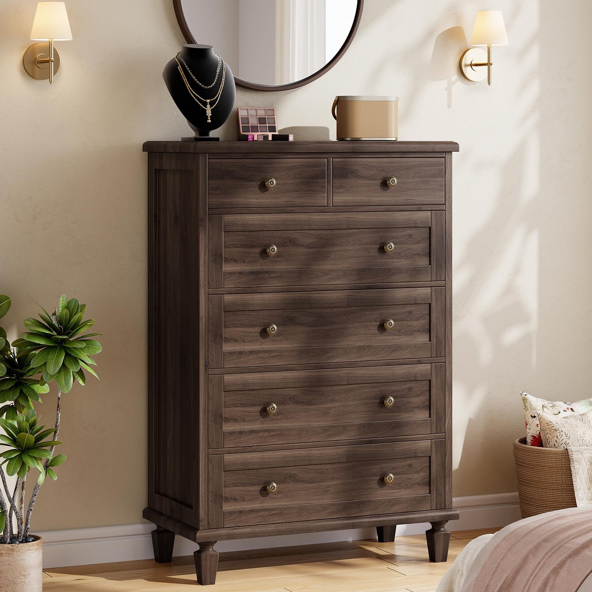 Garvee Vintage Tall 6 Drawer Dresser – Wooden Chest with Carved Handles & Tapered Legs – Large Bedroom Storage – Distressed Finish – Dark Brown