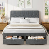 Garvee Velvet Upholstered Platform Bed Frame with 2 Storage Drawers & Headboard – Full Size – Wooden Slat Support – No Box Spring Needed – Easy Assembly – Color: Gray, Size: F - Grey