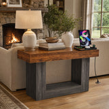 Garvee 55 Inch Farmhouse Console Table with Built-In Power Outlets & LED detector Lights, 2-Tier Sofa Table for Entryway/Hallway/Living Room, Geometric Design, Gray/Bright Brown Two-Tone