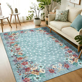 Garvee 9' × 12' Washable Floral Area Rug, Soft Low-Pile Carpet with Non-Slip Backing for Living Room, Bedroom and Dining Room, Light Green - Green