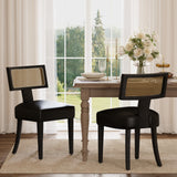 Garvee Mid-Century Modern Dining Chairs Set of 2 – Upholstered Linen Accent, Curved Backrest, Hardwood Frame – Rattan Black PU Seat, Black Wooden Legs, 2pcs - Green Chenille + Brown Wooden Legs