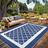 Garvee Outdoor Rug for Patio 9x12 Waterproof Camping Mat Reversible Plastic Straw Floor Carpet Modern Diamond Indoor Outdoor Large Area Rug for RV Deck Balcony Backyard Blue/White - Navy Blue