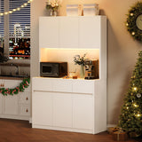 Garvee 71" Tall Entryway Storage Cabinet with Charging Station - LED Lights & Microwave Shelf Countertop - Adjustable Shelves, Drawers & Doors - White (AB Box) - Cream White