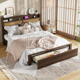 Garvee Rattan Platform Bed Frame with Storage Drawer & LED Lights, Headboard Shelf + Charging Station, Wooden Slat Support, No Box Spring Needed - Queen, Walnut - Walnut
