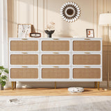 Garvee Rattan Dresser with 9 Drawers, Tall Modern Closet, Deep Storage, Natural Rattan & Wood, Metal Legs, Wide Top, Bedroom & Living Room - White