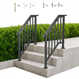 Garvee Adjustable Outdoor Wrought Iron Stair Handrail Kit – Black Railing with Balusters for 2-3 Steps – Durable, Easy DIY Mount for Concrete, Porch, Deck, or Wooden Stairs – 3-Step, 2 Pieces