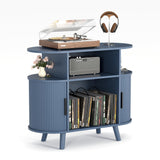 Garvee Mid-Century Modern Record Player Stand – Built-In Charging Station & USB Ports – Large Round Turntable Table – Open Shelves for Vinyl Storage – Blue US Standard - Blue