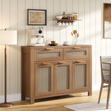 Garvee Rattan Buffet Cabinet, Boho Sideboard with 2 Drawers, Adjustable Shelf, High-Leg Storage Cabinet with Anti-Tip Hardware,for Kitchen,Dining Room,Entryway,Living Room, Light / Dark Oak