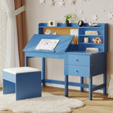 Garvee Wood Kids Study Table and Chair Set with Adjustable Tilt Desktop, Drawers and Cork Board for Ages 3-10, Blue - Blue