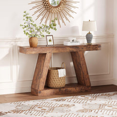 Garvee Farmhouse Console Table 2-Tier Rustic Industrial Wooden Trapezium Entryway Sofa Table with Open Storage Shelves Natural Brown Gray for Living Room Hallway - Brown
