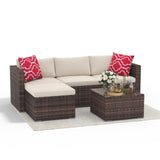 Garvee 5-Piece All-Weather PE Rattan Patio Furniture Set with Coffee Table & Thick Beige Cushions, Brown - Brown/Beige