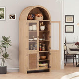 Garvee 71" Tall Arched Cabinet with Storage, Kitchen Pantry Cabinet, , 6-Shelf Wood Storage Cabinet with Rattan Door and Drawer, Large Arched Pantry for Kitchen, Dining Room, Bathroom, Natrual