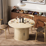Garvee Extendable Round Dining Table – Modern Farmhouse Fluted Oval Pedestal, 2-Tier Storage Shelf & Drawer, Seats 4-8, 47.5–63" – Color: Natural Wood - Natural