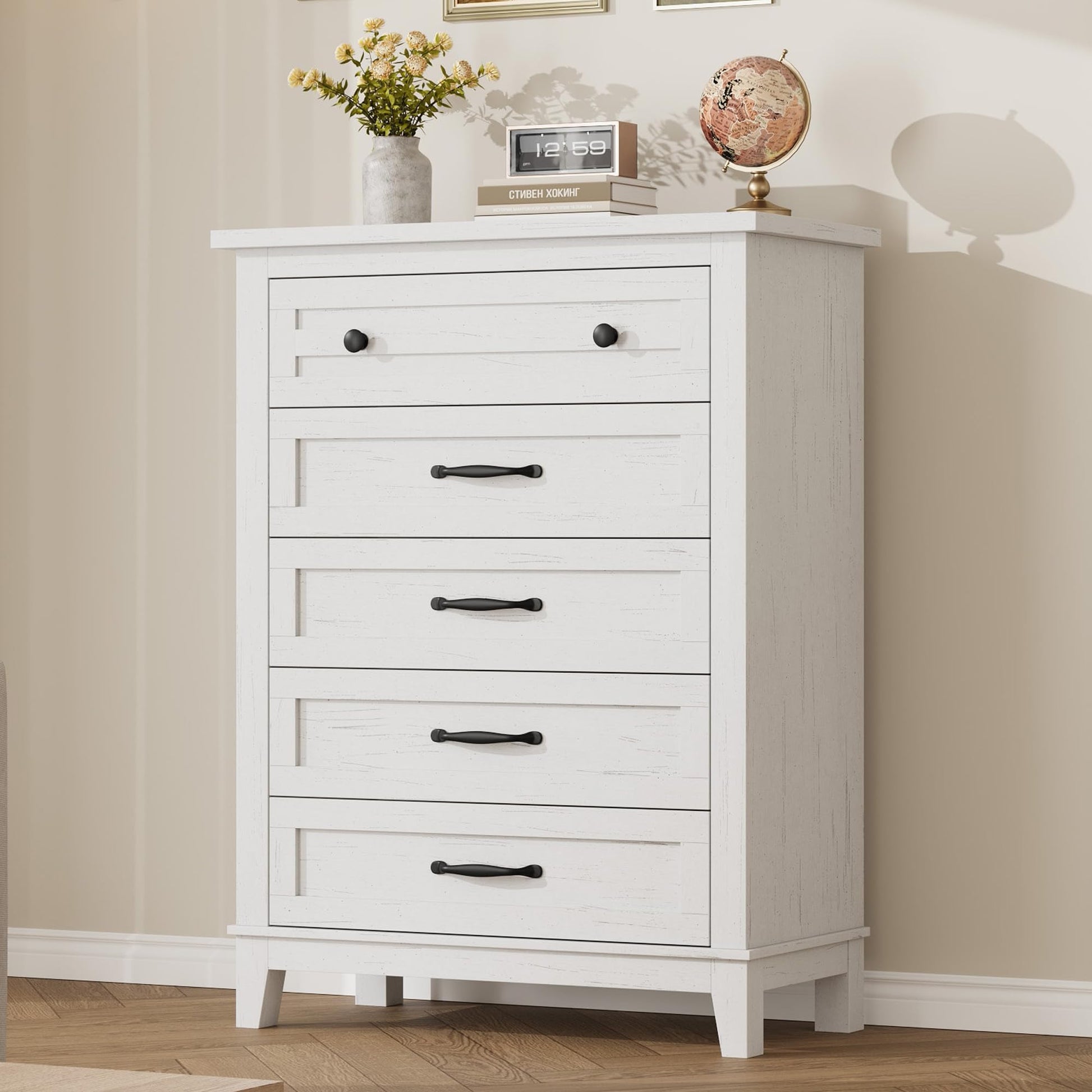 Garvee Spacious Storage 5 Drawer Dresser White - Freestanding Wooden Chest with Metal Handles for Bedroom Living Room Entryway Garvee Spacious Storage 5 Drawer Dresser White - Freestanding Wooden Chest with Metal Handles for Bedroom Living Room Entryway