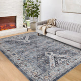 Garvee 9' x 12' Gray Blue Tone Vintage Distressed Oriental Area Rug, Washable Polyester Non-Slip Low-Pile Carpet for Living Room and Bedroom - Gray Blue Tone