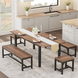 Garvee Walnut Modern Extendable Dining Table Set – 63" Table, Seats 4-8, Durable MDF, Black Metal Frame, Space-Saving Multifunctional Design – Includes 2 Long and 2 Short Benches – Walnut Color Plate + Black Iron Frame, +2 Long and 2 Short Wooden Benches - Retro Walnut