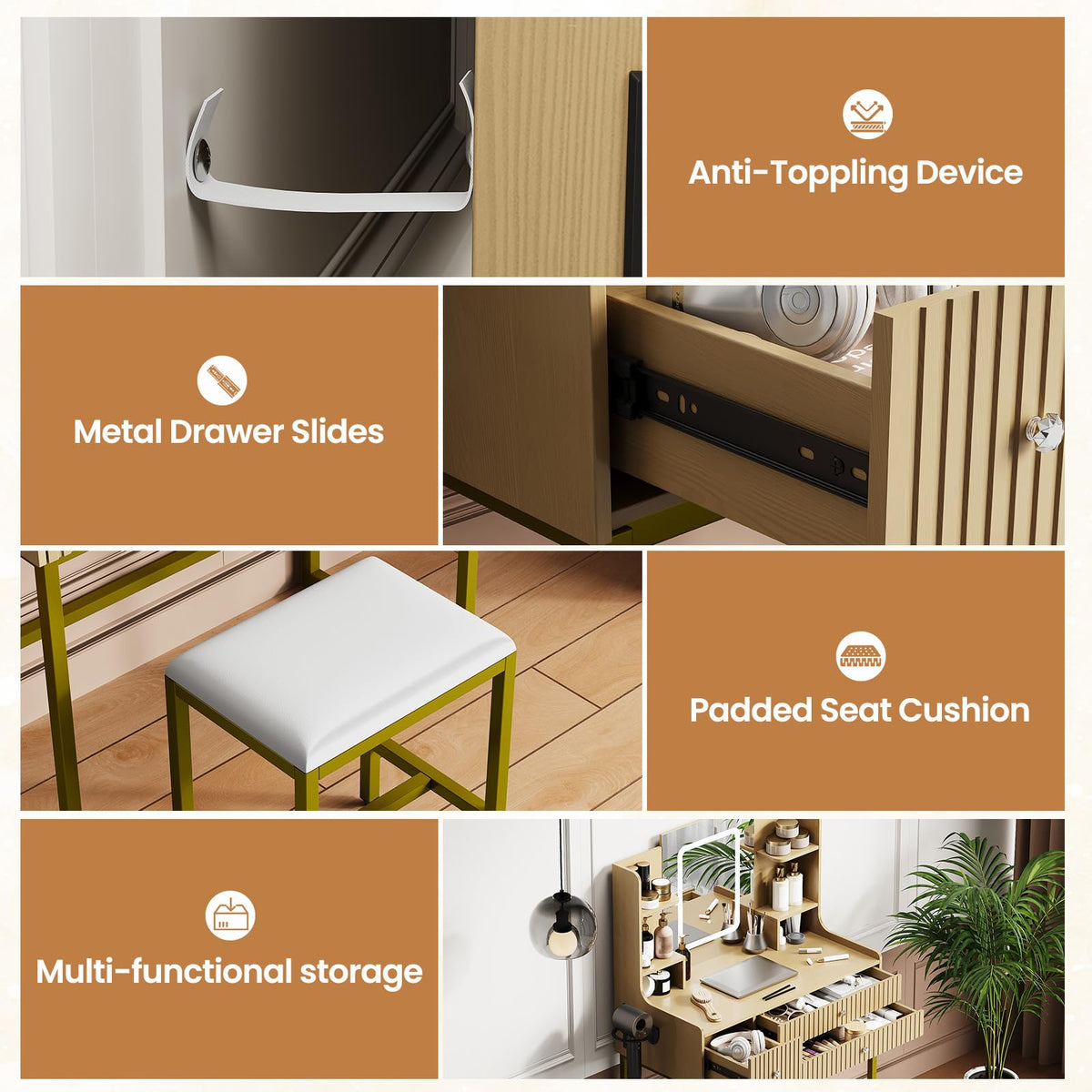 Features of the vanity desk including anti-toppling device, drawer slides, and storage.