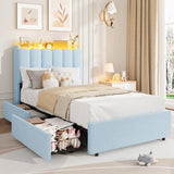 Garvee LED Twin Size Bed Frame with Storage Headboard, RGB LED Lighting, 2 Large Drawers, Boucle Upholstery, Metal Frame, Quiet Support, Purple, Kids Bedroom - Fresh Blue
