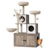 Garvee 54-Inch Litter Box Enclosure with Cat Tree, 2-in-1 Modern Large Cat Tower for Indoor Cats with Condo/Hammock/Scratching Post/Plush Perch/Caves, Wooden Hidden Litter Box Furniture, Grey - Grey