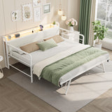 Garvee Twin Daybed with Trundle Sofa Bed, RGB LED Lights, Charging Station, Linen Upholstery, Heavy-Duty Metal Frame, Storage Headboard, Black, for Living Room - White(Corduroy)
