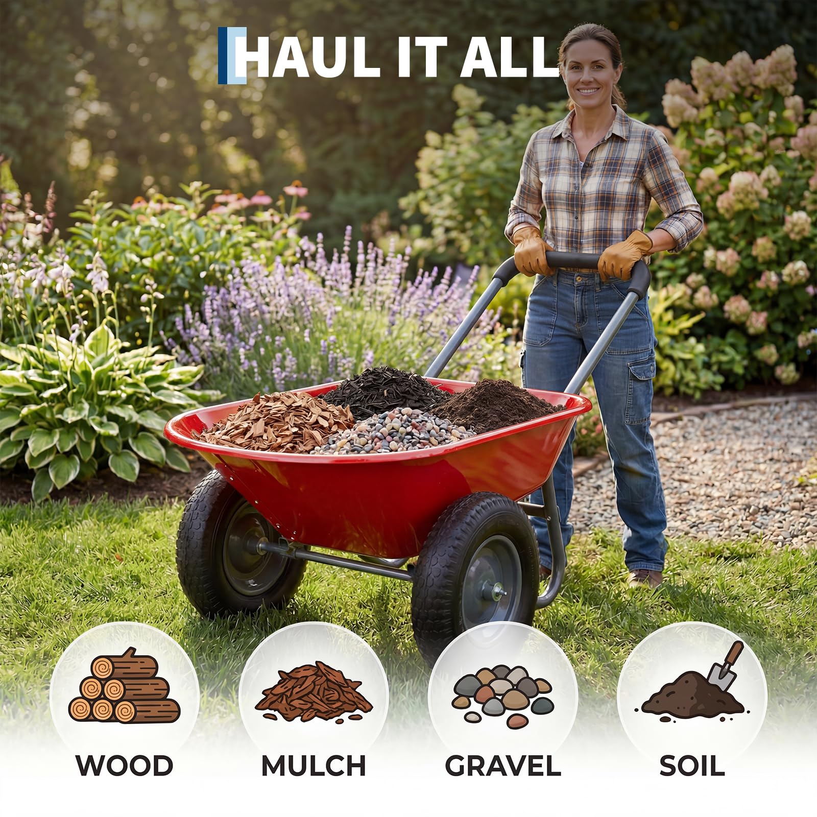 GARVEE red two-wheel garden wheelbarrow used in a backyard garden