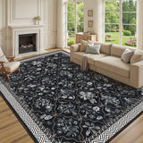 Garvee 10' x 13' Botanical Vine Floral Area Rug, Machine Washable Non-Slip Low-Pile Soft Rug for Living Room, Bedroom & Dining Room, Black - Black