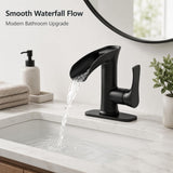Garvee Waterfall Bathroom basin Faucet, 8 in Widespread 2-Handle 3-Hole Deck Mount Vanity Faucet, Pop-Up Drain & Supply Lines Included - 8" split double handle faucet, elegant black - Matte Black
